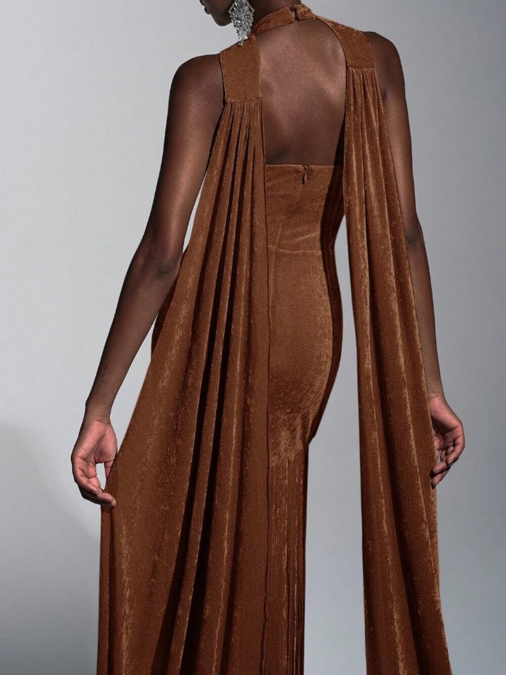 Brown Elegant Romantic Women's Velvet Tassel Sequin Party Dress - Picture 5 of 8
